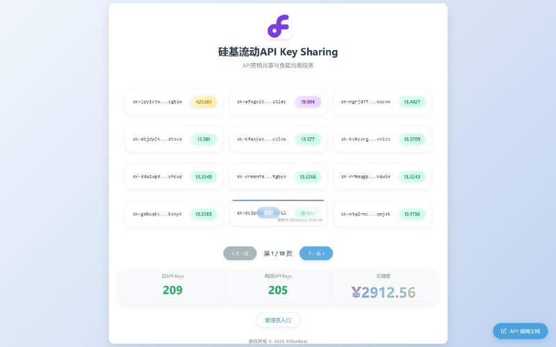 #开源 #AI #API⭐️ 硅基流动 API 聚合管理系统通过智能负载均衡算法自动选择可用API密钥，还支持密钥有效性检测、管理、权限分享等功能支持免费部署至 Cloudflare📮投稿    📢频道    💬群聊    🔎索引