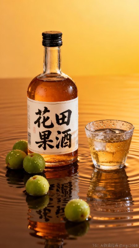 【AIGC直出.高端青梅酒商业摄影（附提示词）】[向右R] 参考提示词：‘花田果酒’高端青梅酒商业摄影，透明瓶身的琥珀色青梅酒（瓶身贴含‘花田果酒’书法字体的标签，瓶子旁边有几颗青梅），置于暖棕水面上（水面有波纹），旁侧搭配装冰酒的玻璃杯，背景为渐变暖黄底色