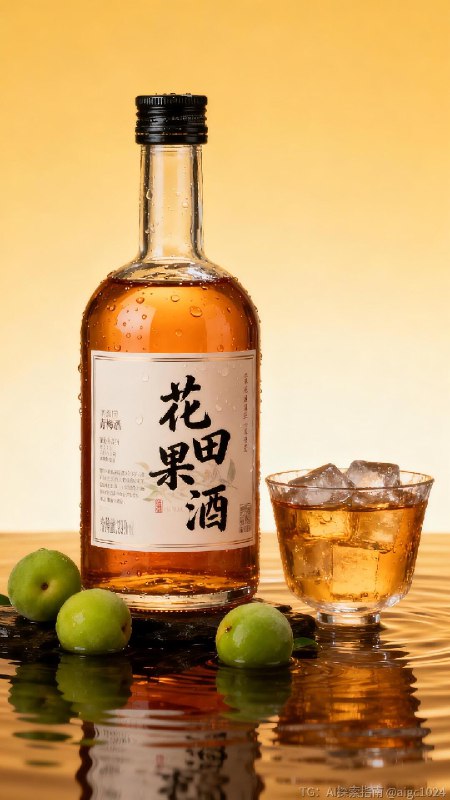 【AIGC直出.高端青梅酒商业摄影（附提示词）】[向右R] 参考提示词：‘花田果酒’高端青梅酒商业摄影，透明瓶身的琥珀色青梅酒（瓶身贴含‘花田果酒’书法字体的标签，瓶子旁边有几颗青梅），置于暖棕水面上（水面有波纹），旁侧搭配装冰酒的玻璃杯，背景为渐变暖黄底色