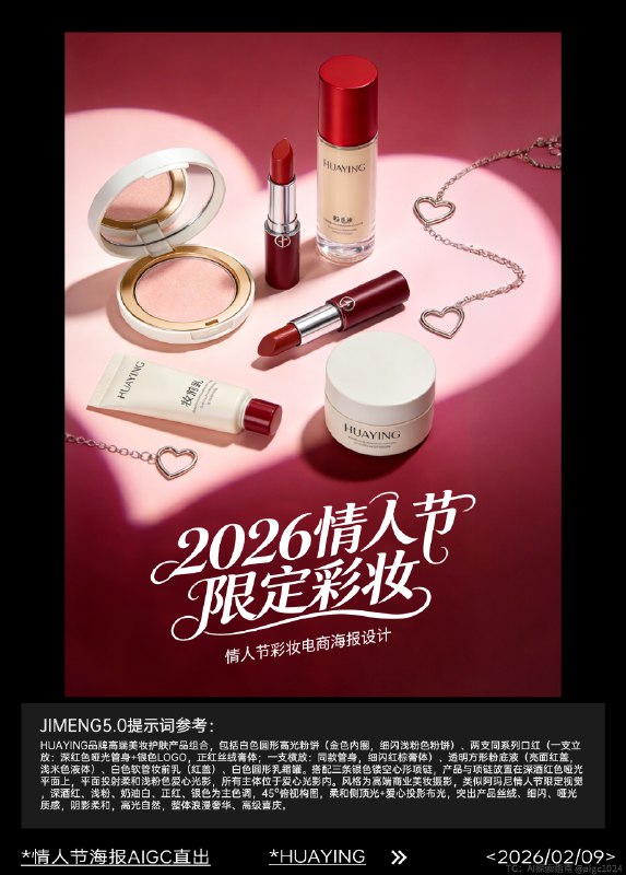 AIGC 5.0直出，情人节化妆品海报(附提示词） 及梦Seedream5.0 Preview生成：HUAYING品牌高端美妆护肤产品组合，包括白色圆形高光粉饼（金色内圈，细闪浅粉色粉饼）、两支同系列口红（一支立放：深红色哑光管身+银色logo，正红丝绒膏体；一支横放：同款管身，细闪红棕膏体）、透明方形粉底液（亮面红盖，浅米色液体）、白色软管妆前乳（红盖）、白色圆形乳霜罐