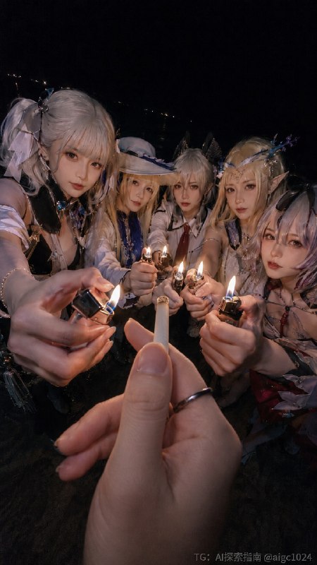 给大佬点烟系列……提示词：生成一张 9:16 竖版深夜手机抓拍风格图像，画面呈现一个虚构的[主]跨界场景