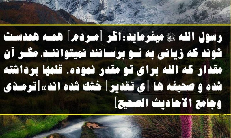 کانال فضایل اعمال: [33]🌺«اگر [مردم] همه همدست شوند که زیانی به تو برسانند نمی‌توانند، مگر آن مقدار که الله برای تو مقدر نموده. قلم‌ها برداش