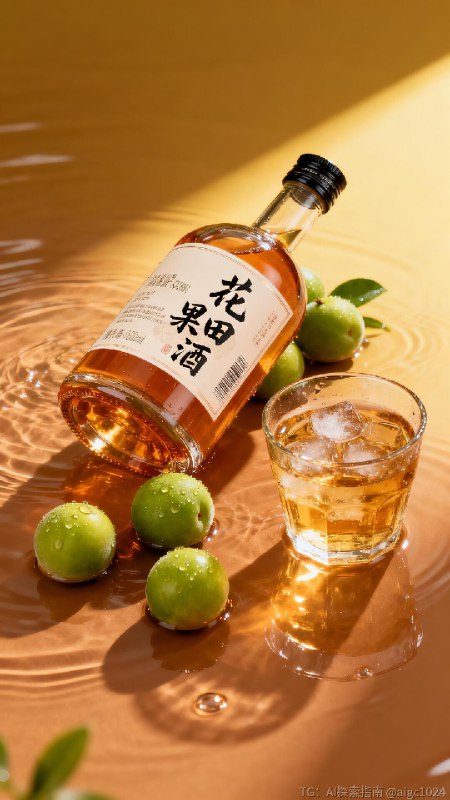 【AIGC直出.高端青梅酒商业摄影（附提示词）】[向右R] 参考提示词：‘花田果酒’高端青梅酒商业摄影，透明瓶身的琥珀色青梅酒（瓶身贴含‘花田果酒’书法字体的标签，瓶子旁边有几颗青梅），置于暖棕水面上（水面有波纹），旁侧搭配装冰酒的玻璃杯，背景为渐变暖黄底色