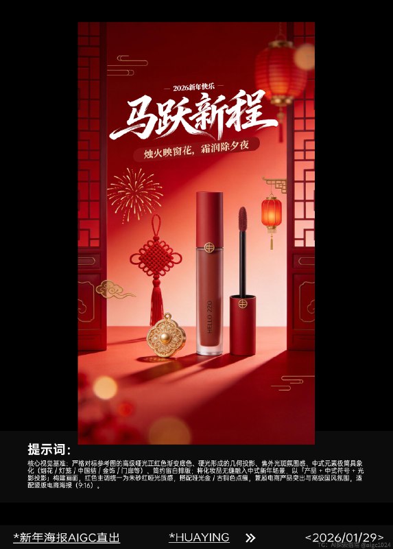 AIGC直出，2026马年新年美妆海报（附提示词） 既梦4.5生成海报，提示词参考：微观摄影，中国风，马年新年化妆品海报，以红色渐变为主体色调，背景为带有精致马纹的传统纹样