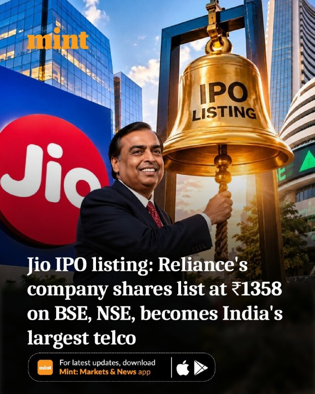 Jio Platforms ערכה הופעת בכורה שובר קופות בשוק המניות, ונרשמה במחיר של 1,358 ₹ למניה ב-BSE וב-NSE - פרמיה ש…