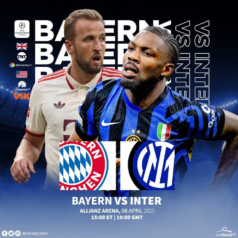 UEFA Champions League quarterfinal matches!⏰ 3 p.m. ET📺 USA: Paramount+ / ViX / TUDN USA / Univision📺 UK: TNT Sports / Amazon Prime Video📺 Germany: DAZN / Amazon Prime Video📺 France: Canal+ / RMC Sport📺 Spain: Movistar+📺 Italy: Sky Italia / Amazon Prime Video📺 Brazil: TNT Sports / SBT📺 Canada: DAZN📺 Australia: Stan Sport📺 India: Sony LIVUEFA Champions League quarterfinal matches!⏰ 3 p.m. ET📺 USA: Paramount+ / ViX / TUDN USA / Univision📺 UK: TNT Sports / Amazon Prime Video📺 Germany: DAZN / Amazon Prime Video📺 France: Canal+ / RMC Sport📺 Spain: Movistar+📺 Italy: Sky Italia / Amazon Prime Video📺 Brazil: TNT Sports / SBT📺 Canada: DAZN📺 Australia: Stan Sport📺 India: Sony LIV