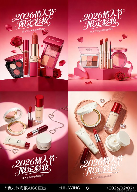AIGC 5.0直出，情人节化妆品海报(附提示词） 及梦Seedream5.0 Preview生成：HUAYING品牌高端美妆护肤产品组合，包括白色圆形高光粉饼（金色内圈，细闪浅粉色粉饼）、两支同系列口红（一支立放：深红色哑光管身+银色logo，正红丝绒膏体；一支横放：同款管身，细闪红棕膏体）、透明方形粉底液（亮面红盖，浅米色液体）、白色软管妆前乳（红盖）、白色圆形乳霜罐