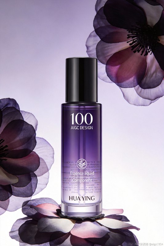 AIGC直出，紫色香水高级摄影大片（附提示词） 既梦4.5产品摄影大片，提示词参考：化妆品产品拍摄图，一瓶黑色盖子，紫色渐变半透的精华水瓶，瓶子印有产品logo“HUA YING”，产品名称“100 AIGC DESIGN