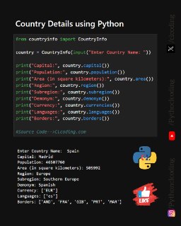 Did you know Python can give you complete country details in seconds? 🌎 From capital cities to currencies and neighboring countries, the countryinfo library makes it quick and easy. 💻 🐍 Comment: Python Projects: https://amzn.to/4yP1f9N