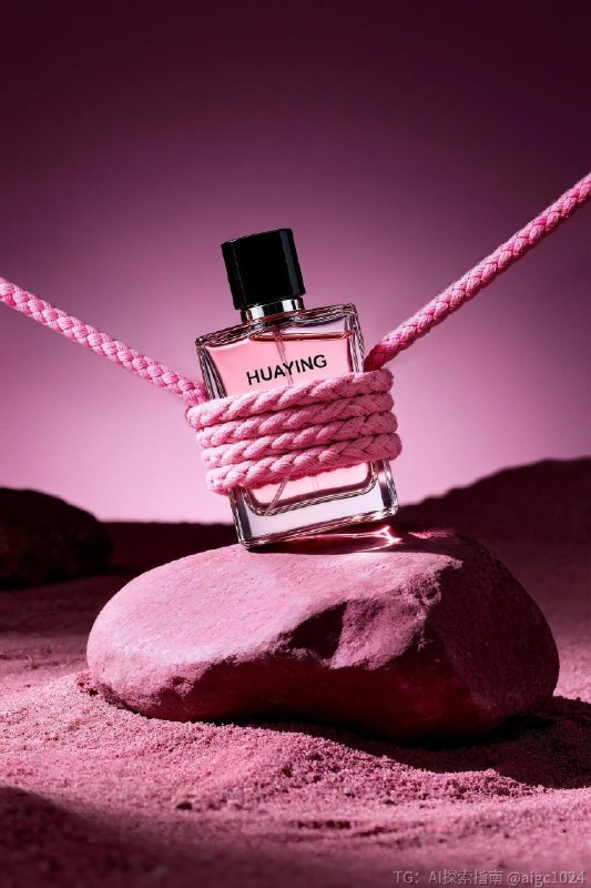 【AIGC直出，紫色香水商业摄影大片（附提示词）】提示词参考：高端商业产品摄影，现代简约且具艺术感，类似时尚杂志静物大片