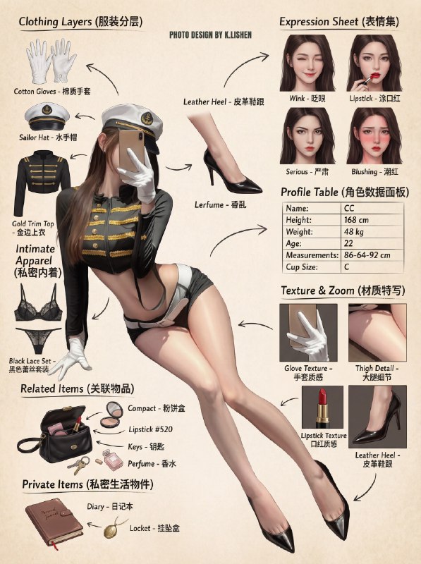 角色自定义多姿势制服穿搭分解图～附提示词 三连赠[开箱R][开箱R][开箱R]Photo Design By高质量穿搭分解图图生成提示词:Role (角色设定)你是一位顶尖的游戏与动漫概念美术设计大师 (Concept Artist)，擅长制作详尽的角色设定图（Character Sheet）