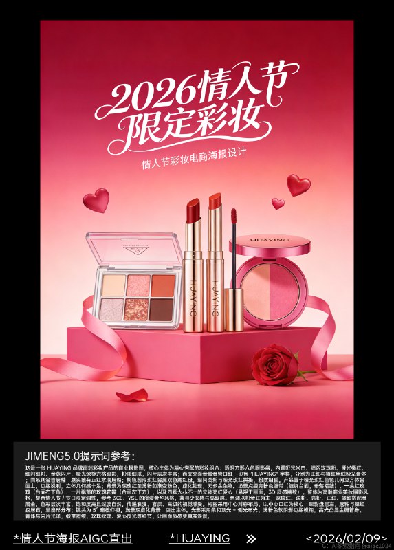 AIGC 5.0直出，情人节化妆品海报(附提示词） 及梦Seedream5.0 Preview生成：HUAYING品牌高端美妆护肤产品组合，包括白色圆形高光粉饼（金色内圈，细闪浅粉色粉饼）、两支同系列口红（一支立放：深红色哑光管身+银色logo，正红丝绒膏体；一支横放：同款管身，细闪红棕膏体）、透明方形粉底液（亮面红盖，浅米色液体）、白色软管妆前乳（红盖）、白色圆形乳霜罐