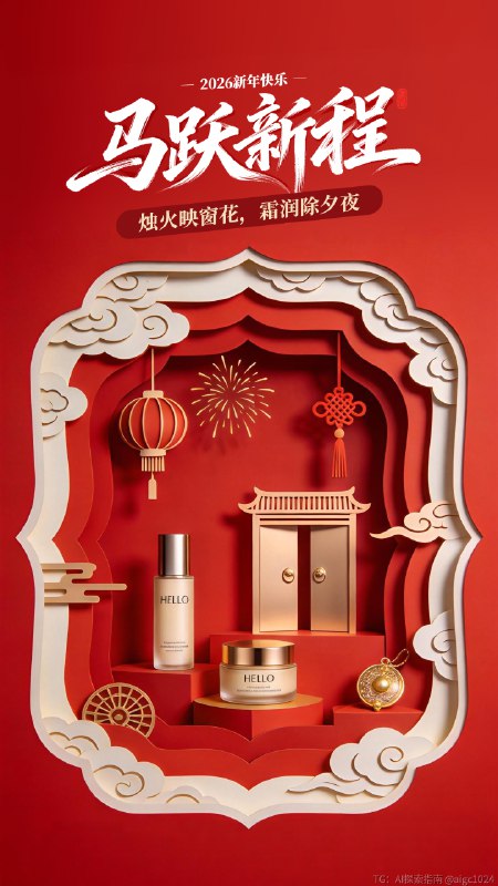 AIGC直出，2026马年新年美妆海报（附提示词） 既梦4.5生成海报，提示词参考：微观摄影，中国风，马年新年化妆品海报，以红色渐变为主体色调，背景为带有精致马纹的传统纹样