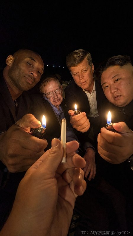 给大佬点烟系列……提示词：生成一张 9:16 竖版深夜手机抓拍风格图像，画面呈现一个虚构的[主]跨界场景