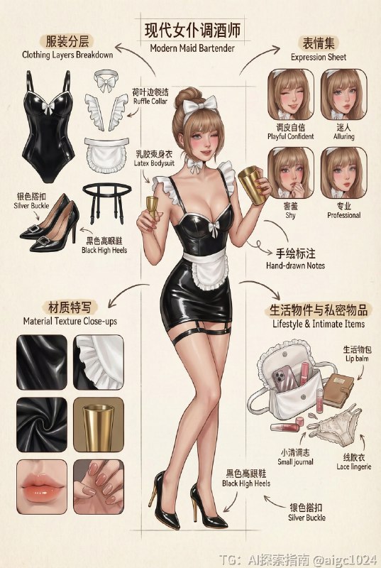 调酒女仆～创意穿搭分解插画图 Photo by@aigc1024调酒女仆～创意穿搭分解插画图 Photo by@aigc1024