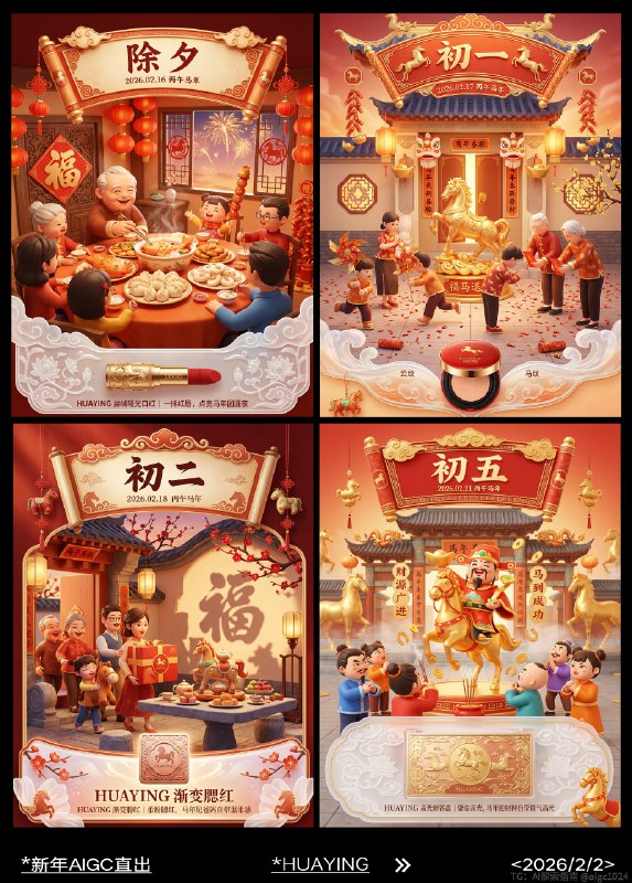 AIGC直出，2026新年祝福美妆海报（附提示词） AIGC生成开年海报，提示词参考：3d卡通c4d高精度渲染风格，搞怪风格，神秘感，夸张感，正红鎏金暖橙为主色调，2026 丙午马年初五迎财神场景，顶部仿古卷轴标框，饰祥云纹回纹马纹，框内写 “初五”，标注 “2026.02.21 丙午马年”，两侧挂迷你金元宝马形挂饰；主画面众人燃香迎财神，财神骑金马持元宝如意，周围散金币马蹄铁，空中浮 “财源广进”“马到成功” 文字，背景贴马年春联大门、龙形装饰、宫灯，庭院放鎏金马形雕像；底部半透明白色云纹底框，饰缠枝莲纹马纹，嵌入 HUAYING 高光修容盘，包装鎏金浮雕印品牌 LOGO 奔马，配文案 “HUAYING 高光修容盘 | 鎏金高光，马年迎财神自带贵气高光”，底框右下角加财神马形装饰
