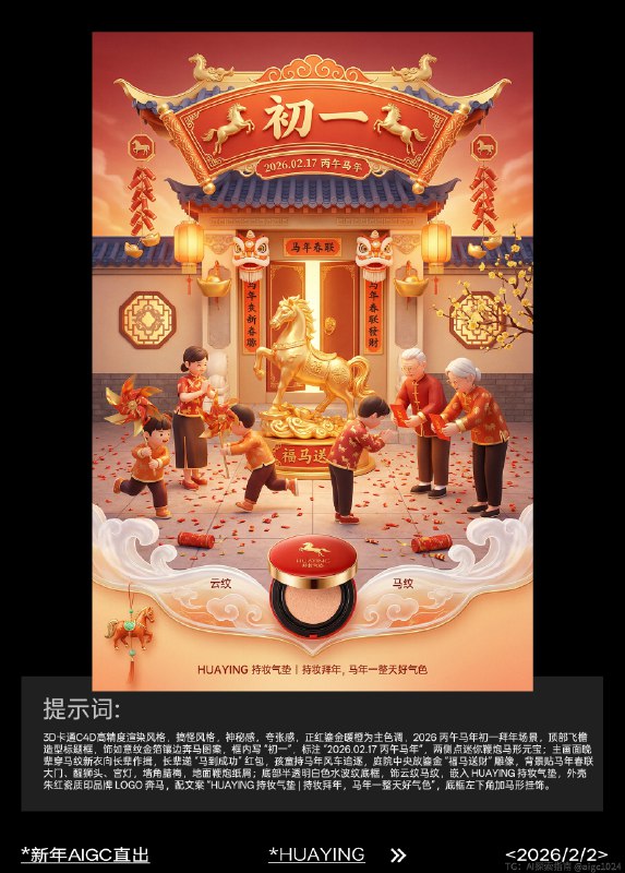 AIGC直出，2026新年祝福美妆海报（附提示词） AIGC生成开年海报，提示词参考：3d卡通c4d高精度渲染风格，搞怪风格，神秘感，夸张感，正红鎏金暖橙为主色调，2026 丙午马年初五迎财神场景，顶部仿古卷轴标框，饰祥云纹回纹马纹，框内写 “初五”，标注 “2026.02.21 丙午马年”，两侧挂迷你金元宝马形挂饰；主画面众人燃香迎财神，财神骑金马持元宝如意，周围散金币马蹄铁，空中浮 “财源广进”“马到成功” 文字，背景贴马年春联大门、龙形装饰、宫灯，庭院放鎏金马形雕像；底部半透明白色云纹底框，饰缠枝莲纹马纹，嵌入 HUAYING 高光修容盘，包装鎏金浮雕印品牌 LOGO 奔马，配文案 “HUAYING 高光修容盘 | 鎏金高光，马年迎财神自带贵气高光”，底框右下角加财神马形装饰