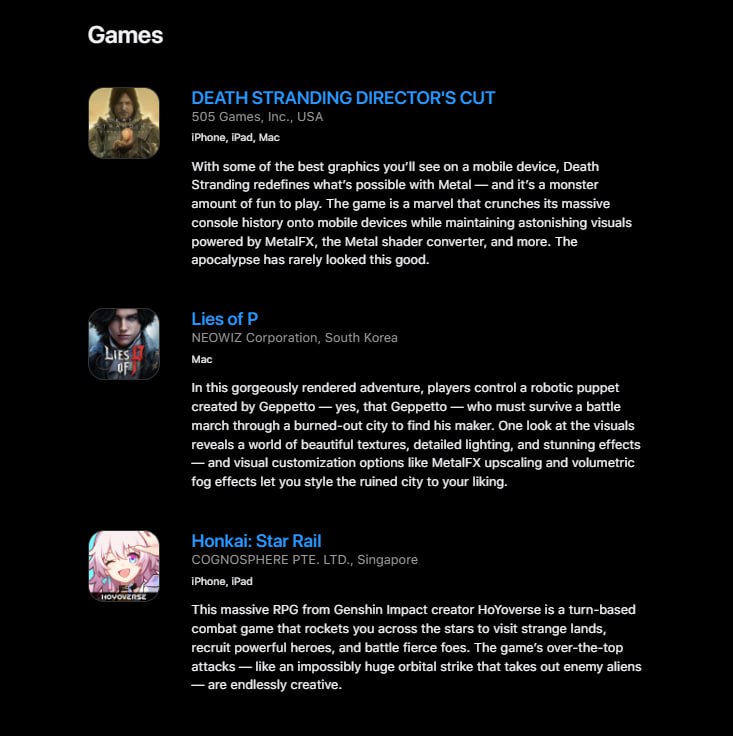 崩坏：星穹铁道2024 年 Apple 设计奖入围者视觉效果和图形该决赛入围作品具有令人惊叹的表现效果、精心绘制的界面和高质量的动画，主题体验独特而连贯