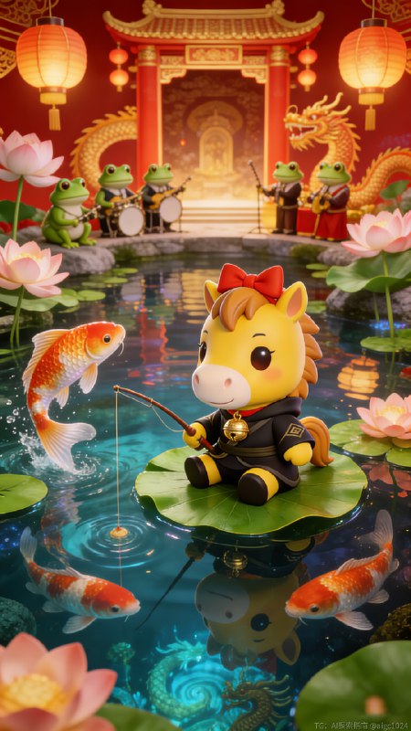 AIGC直出，2026小马新年旅游海报（附提示词） 用4.5生成海报，再用4.0生成字体合成海报，提示词参考：3D 卡通渲染风格，超萌治愈系马年新年主插画，画面中心是拟人化生肖马 IP 形象站着，通体为明亮的暖黄色，头顶棕褐色鬃毛，佩戴红色蝴蝶结发饰与带金色铃铛的红色项圈，表情呆萌带浅笑，小马的大眼睛乌黑透亮，带着灵动的高光，嘴角露出开心的微笑，整体表情温暖治愈，表情温暖治愈，看着前面的冰糖葫芦，仿佛沉浸在热闹的市集氛围里