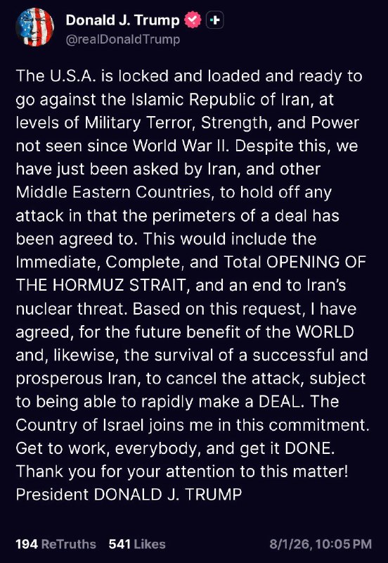 BREAKING: President Trump says he has cancelled the US attack on Iran and that the “perimeters of a deal” have been agreed to.Trump says this deal will include “a total reopening of the Strait of Hormuz.”