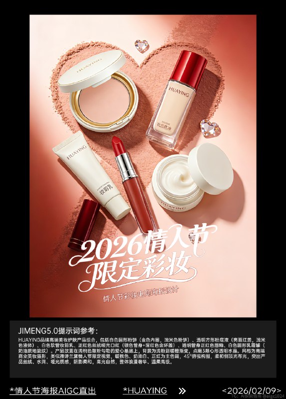 AIGC 5.0直出，情人节化妆品海报(附提示词） 及梦Seedream5.0 Preview生成：HUAYING品牌高端美妆护肤产品组合，包括白色圆形高光粉饼（金色内圈，细闪浅粉色粉饼）、两支同系列口红（一支立放：深红色哑光管身+银色logo，正红丝绒膏体；一支横放：同款管身，细闪红棕膏体）、透明方形粉底液（亮面红盖，浅米色液体）、白色软管妆前乳（红盖）、白色圆形乳霜罐