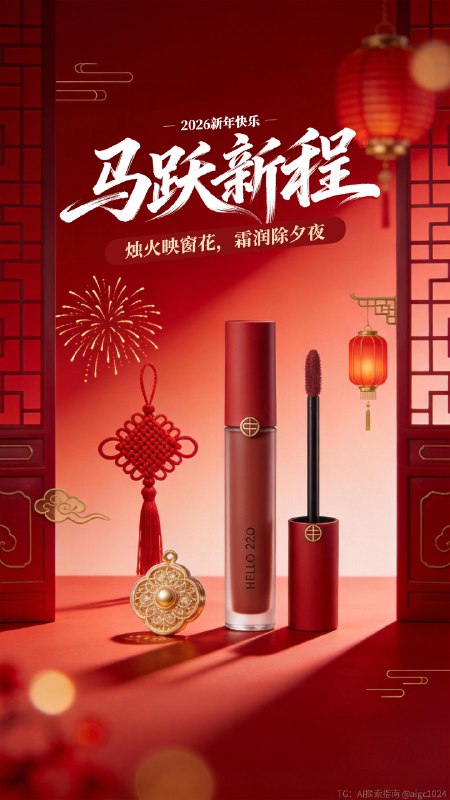 AIGC直出，2026马年新年美妆海报（附提示词） 既梦4.5生成海报，提示词参考：微观摄影，中国风，马年新年化妆品海报，以红色渐变为主体色调，背景为带有精致马纹的传统纹样