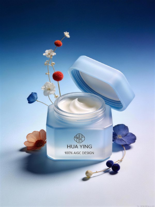 AIGC直出，清爽蓝色护肤品摄影大片（附教程） 既梦4.5香水摄影大片，提示词参考：红色区域为蓝色的植物