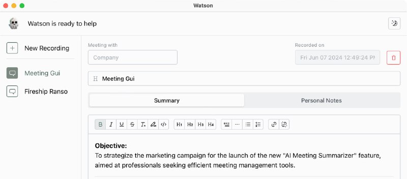 🗣Watson：会议记录与摘要AI工具，通过录制系统音频和麦克风来转录和总结会议，以提取所有操作项和会议摘要🏷标签：#AI #录音 #会议转录 #windows #macOS👉链接：