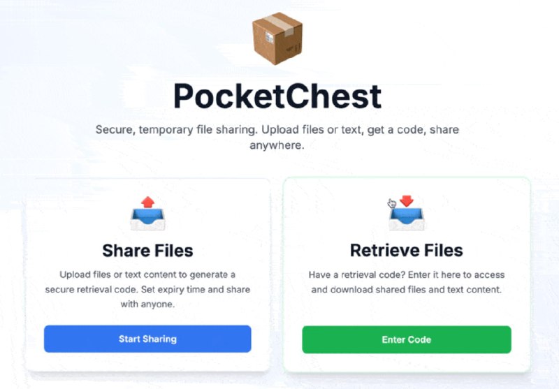 #Cloudflare #文件共享📂 PocketChest - 开源可自部署在 Cloudflare 上的临时文件/文本共享服务⚙️ 部署指南可以理解为结合了 Pastebin 与 Firefox Send，使用场景一般是偶尔需要临时传给别人文本/文件，但接收设备不一定能用 AirDrop、通用剪贴板、微信（尤其是公用设备）等 工具基于 Cloudflare Worker + Pages + R2 + D1，只需要一个托管在 Cloudflare 的域名即可使用📮投稿    📢频道    💬群聊    🔎索引