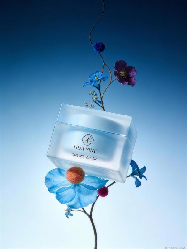 AIGC直出，清爽蓝色护肤品摄影大片（附教程） 既梦4.5香水摄影大片，提示词参考：红色区域为蓝色的植物